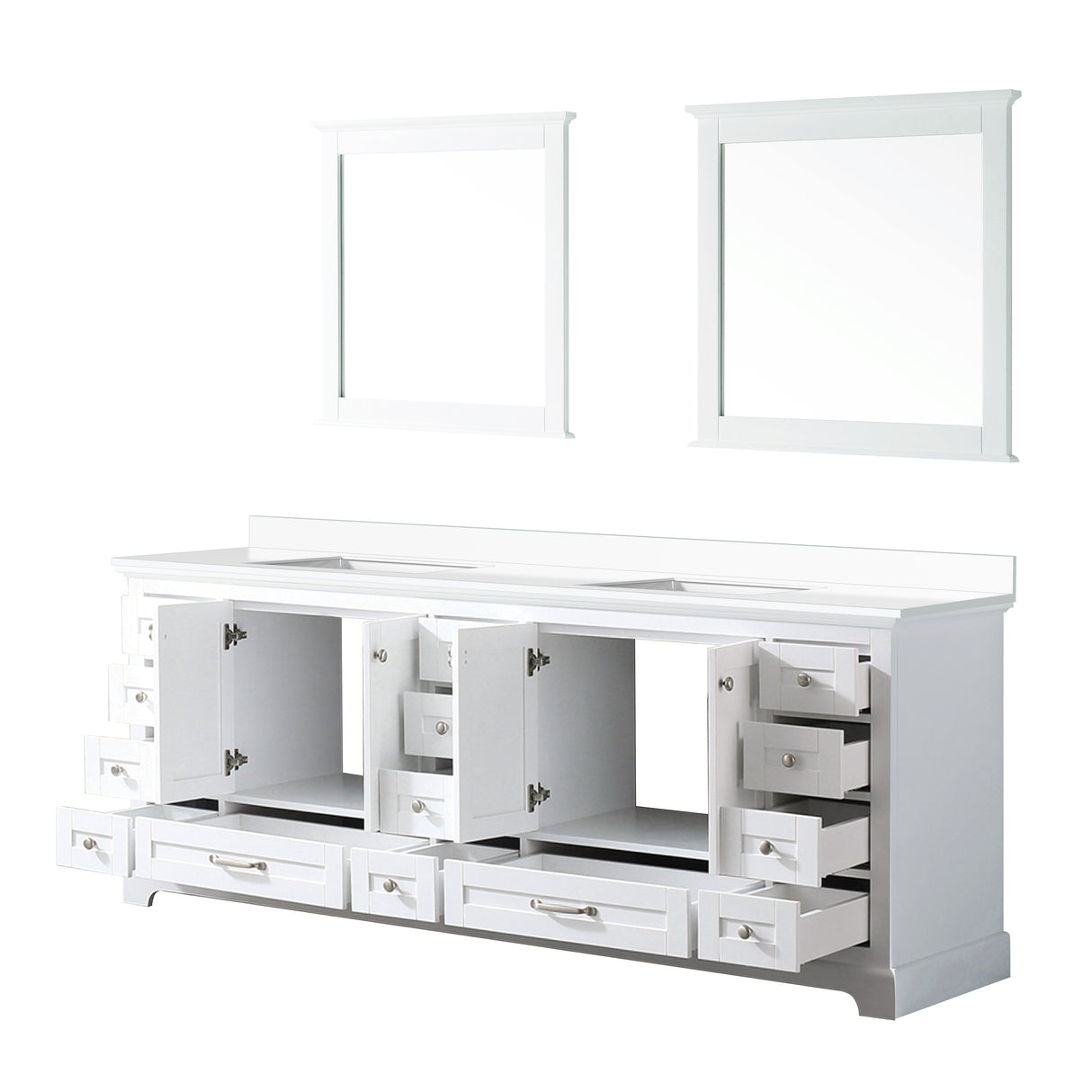 Dukes 84" White Double Vanity, White Quartz Top, White Square Sinks and 34" Mirrors