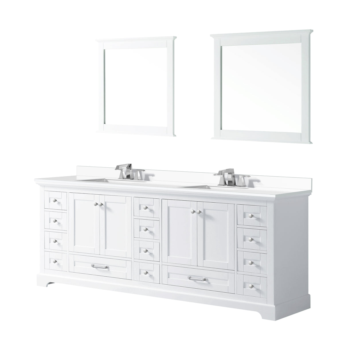 Dukes 84" White Double Vanity, White Quartz Top, White Square Sinks and 34" Mirrors w/ Faucets