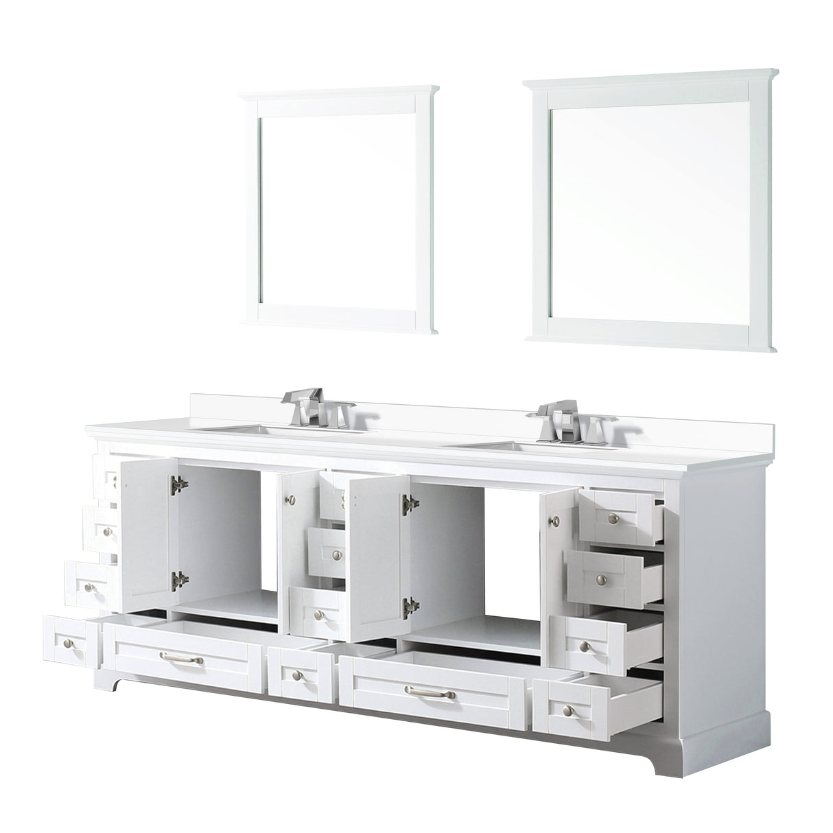 Dukes 84" White Double Vanity, White Quartz Top, White Square Sinks and 34" Mirrors w/ Faucets