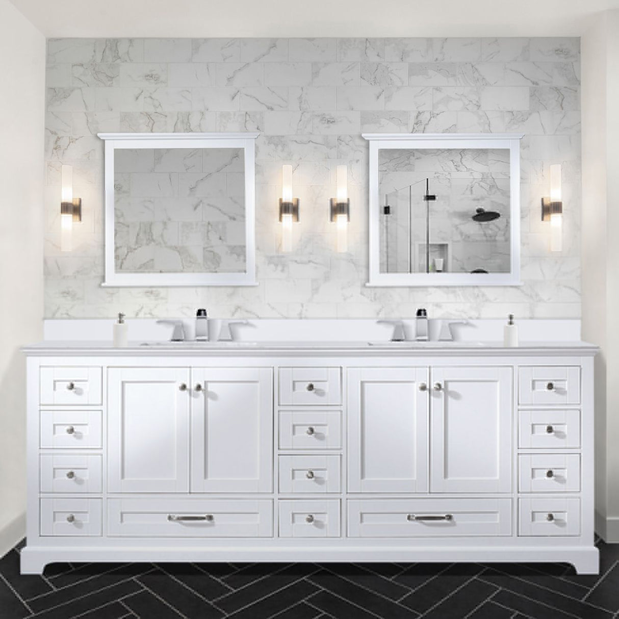 Dukes 84" White Double Vanity, White Quartz Top, White Square Sinks and 34" Mirrors w/ Faucets
