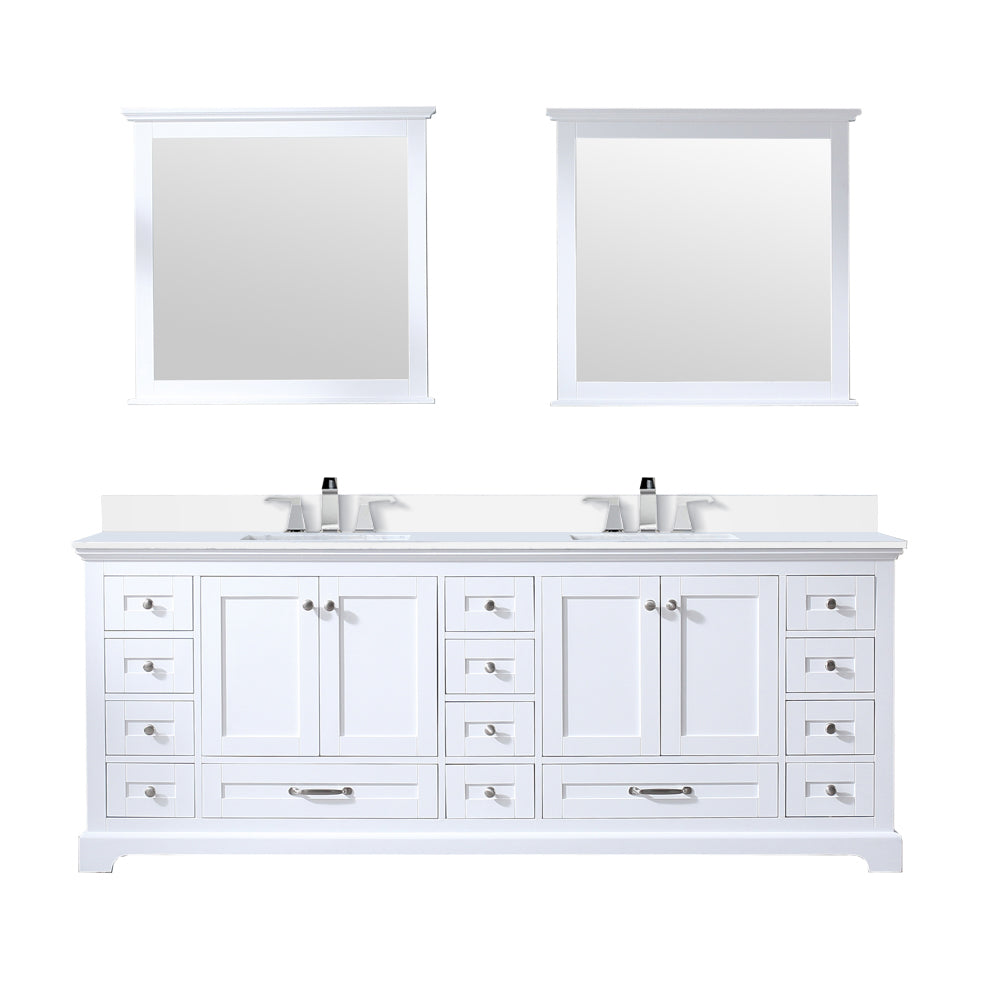 Dukes 84" White Double Vanity, White Quartz Top, White Square Sinks and 34" Mirrors w/ Faucets