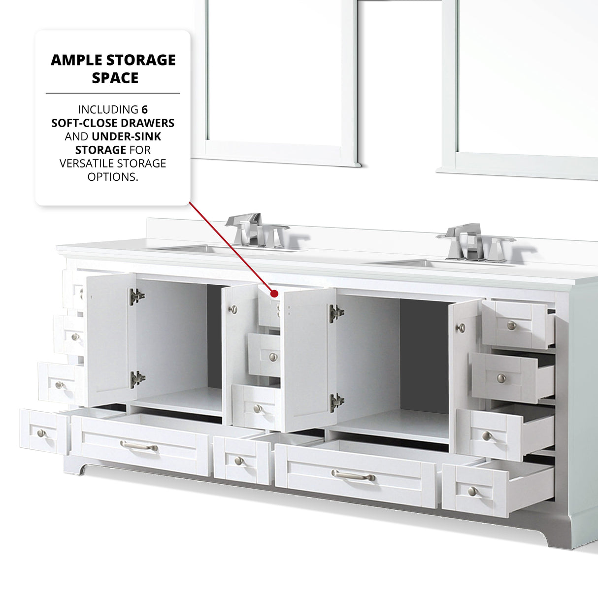 Dukes 84" White Double Vanity, White Quartz Top, White Square Sinks and 34" Mirrors