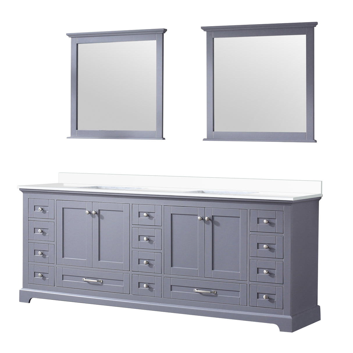 Dukes 84" Dark Grey Double Vanity, White Quartz Top, White Square Sinks and 34" Mirrors
