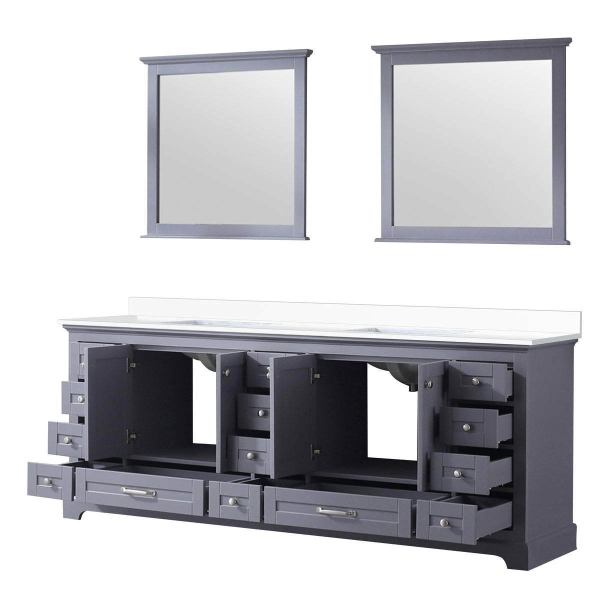Dukes 84" Dark Grey Double Vanity, White Quartz Top, White Square Sinks and 34" Mirrors