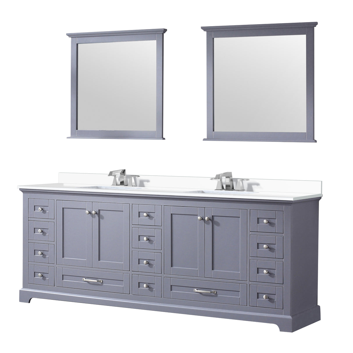 Dukes 84" Dark Grey Double Vanity, White Quartz Top, White Square Sinks and 34" Mirrors w/ Faucets