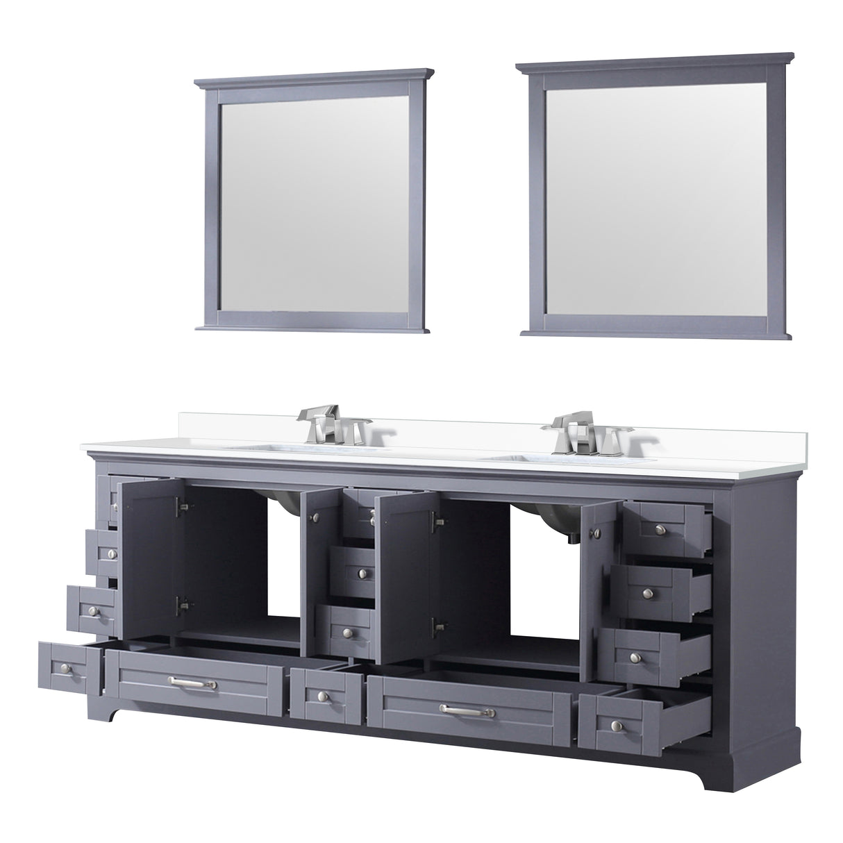 Dukes 84" Dark Grey Double Vanity, White Quartz Top, White Square Sinks and 34" Mirrors w/ Faucets