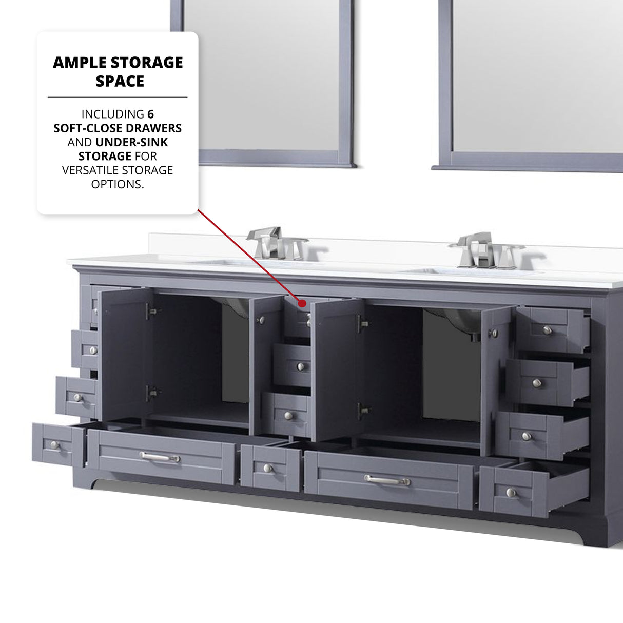 Dukes 84" Dark Grey Double Vanity, White Quartz Top, White Square Sinks and 34" Mirrors w/ Faucets