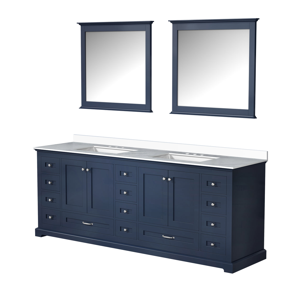 Dukes 84" Navy Blue Double Vanity, White Quartz Top, White Square Sinks and 34" Mirrors