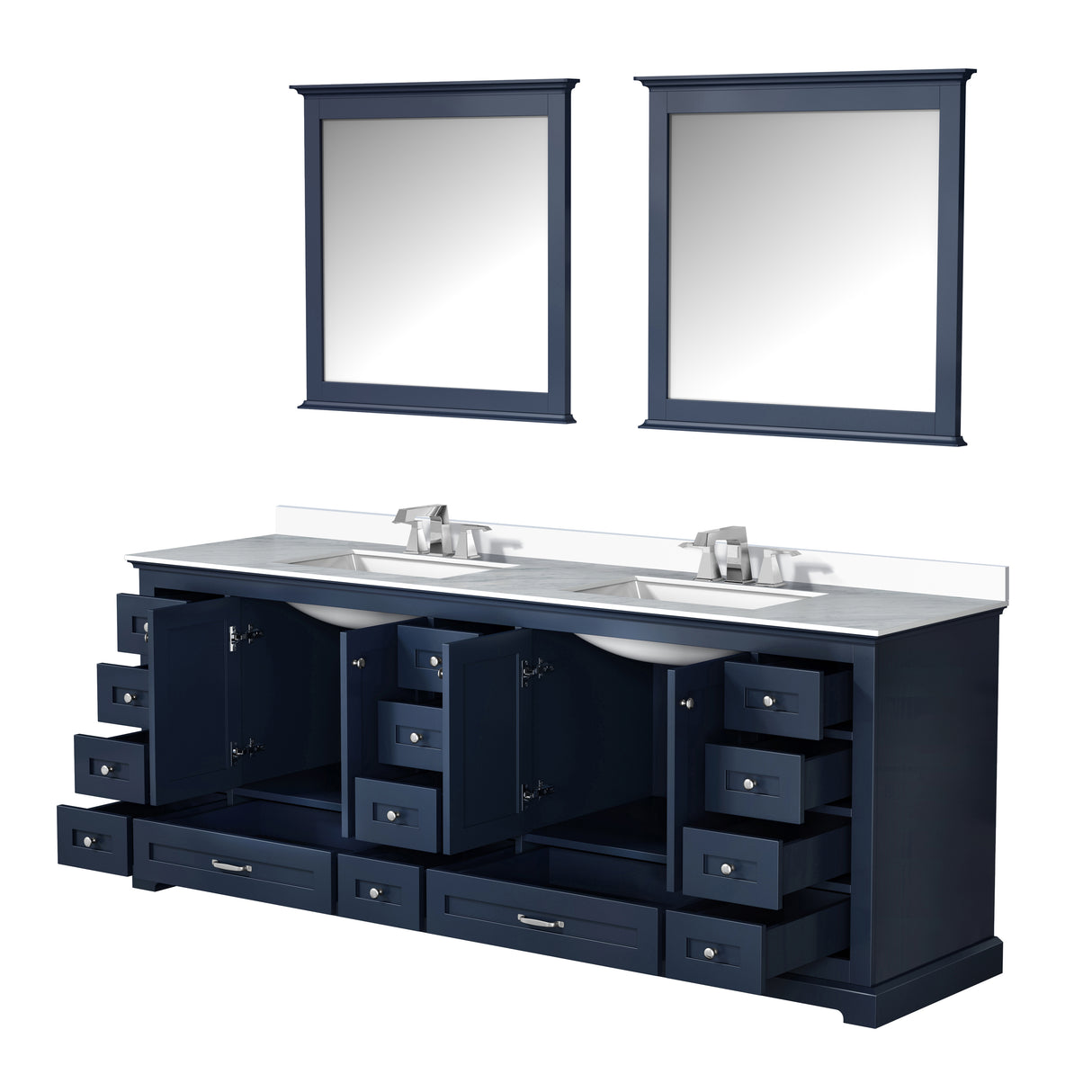 Dukes 84" Navy Blue Double Vanity, White Quartz Top, White Square Sinks and 34" Mirrors w/ Faucets