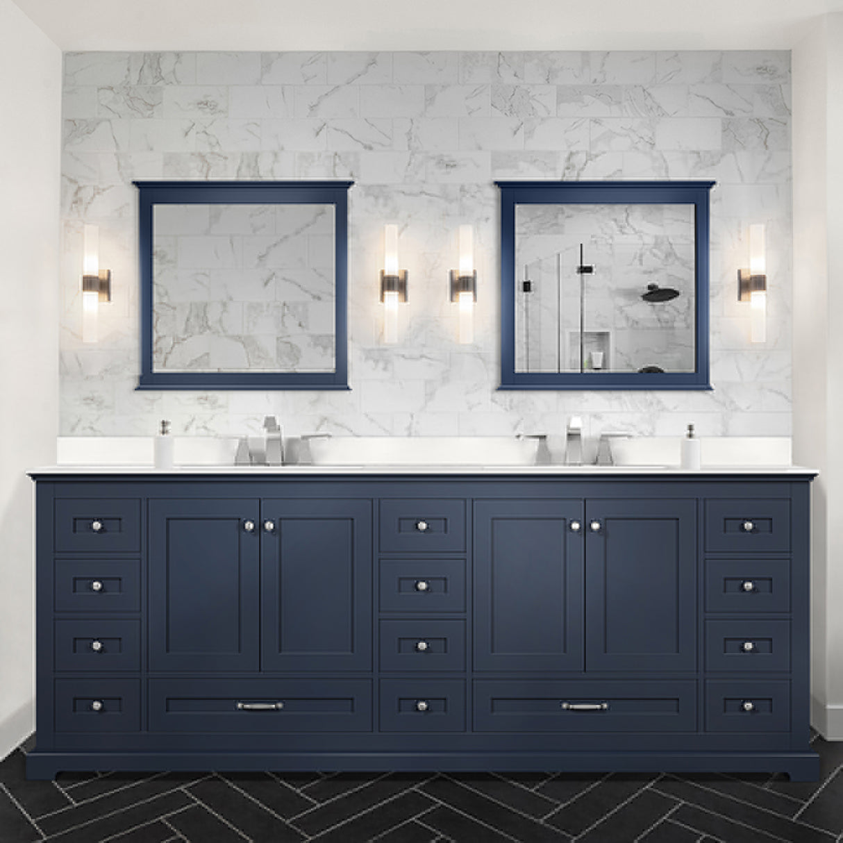 Dukes 60" Navy Blue Double Vanity, White Quartz Top, White Square Sinks and 58" Mirror