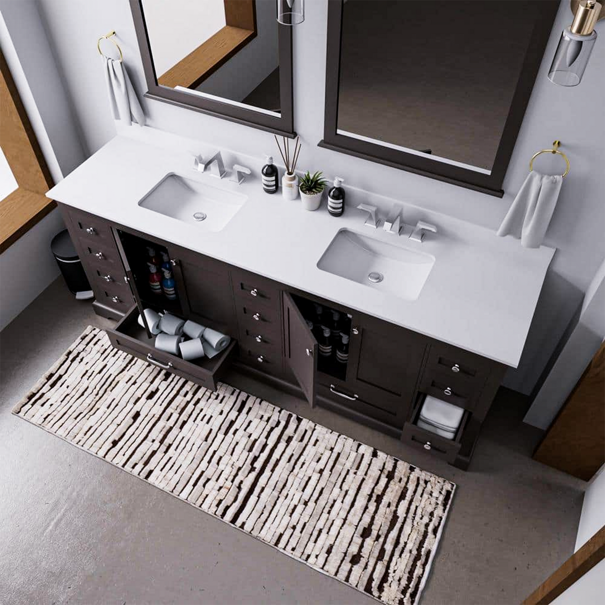 Dukes 84 in. Freestanding Bathroom Vanity with White Quartz Top, White Square Sink