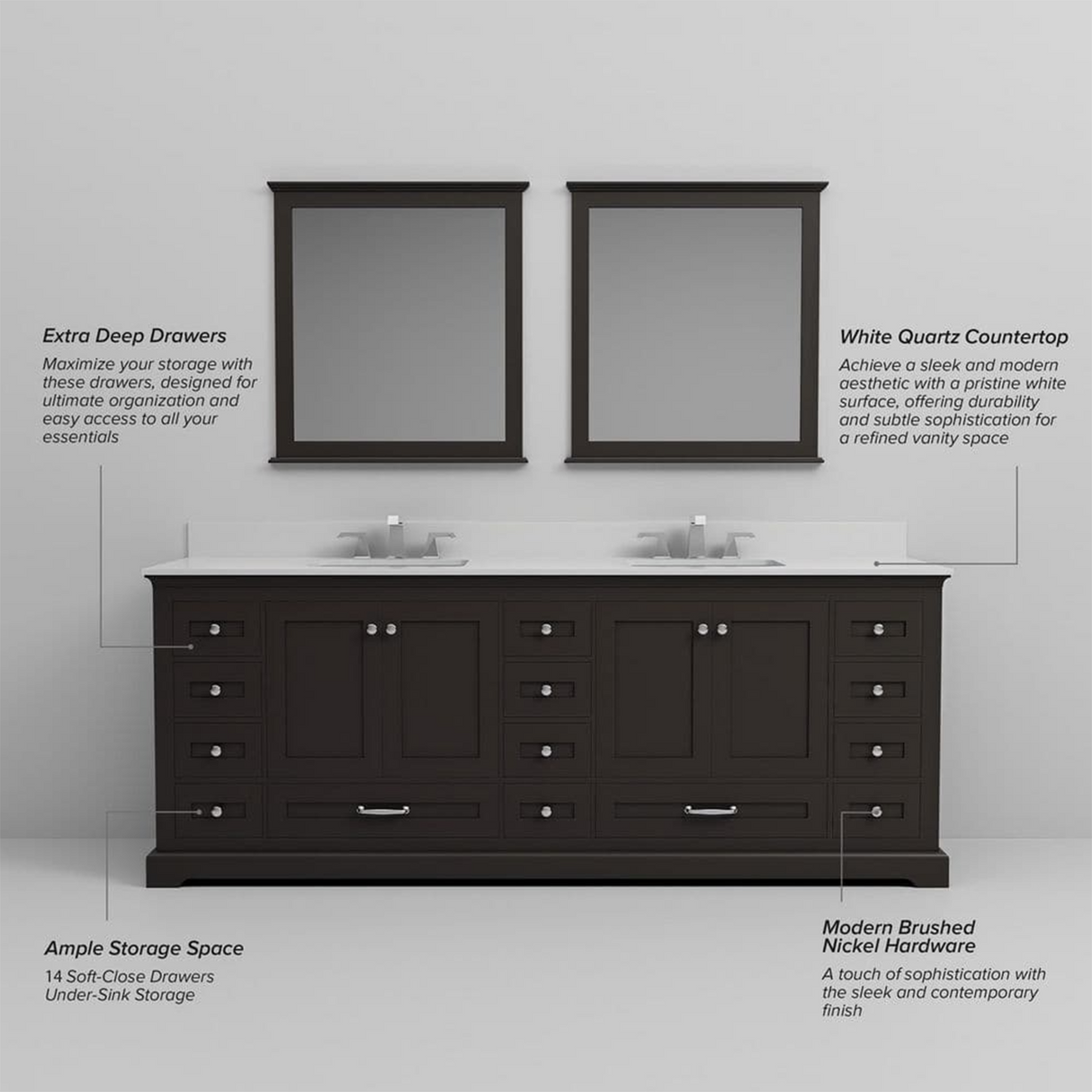 Dukes 84 in. Freestanding Bathroom Vanity with White Quartz Top, White Square Sink