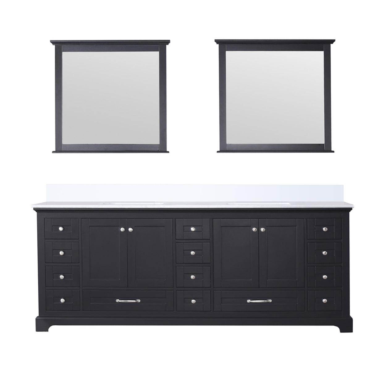 Dukes 84" Espresso Double Vanity, White Quartz Top, White Square Sinks and 34" Mirrors