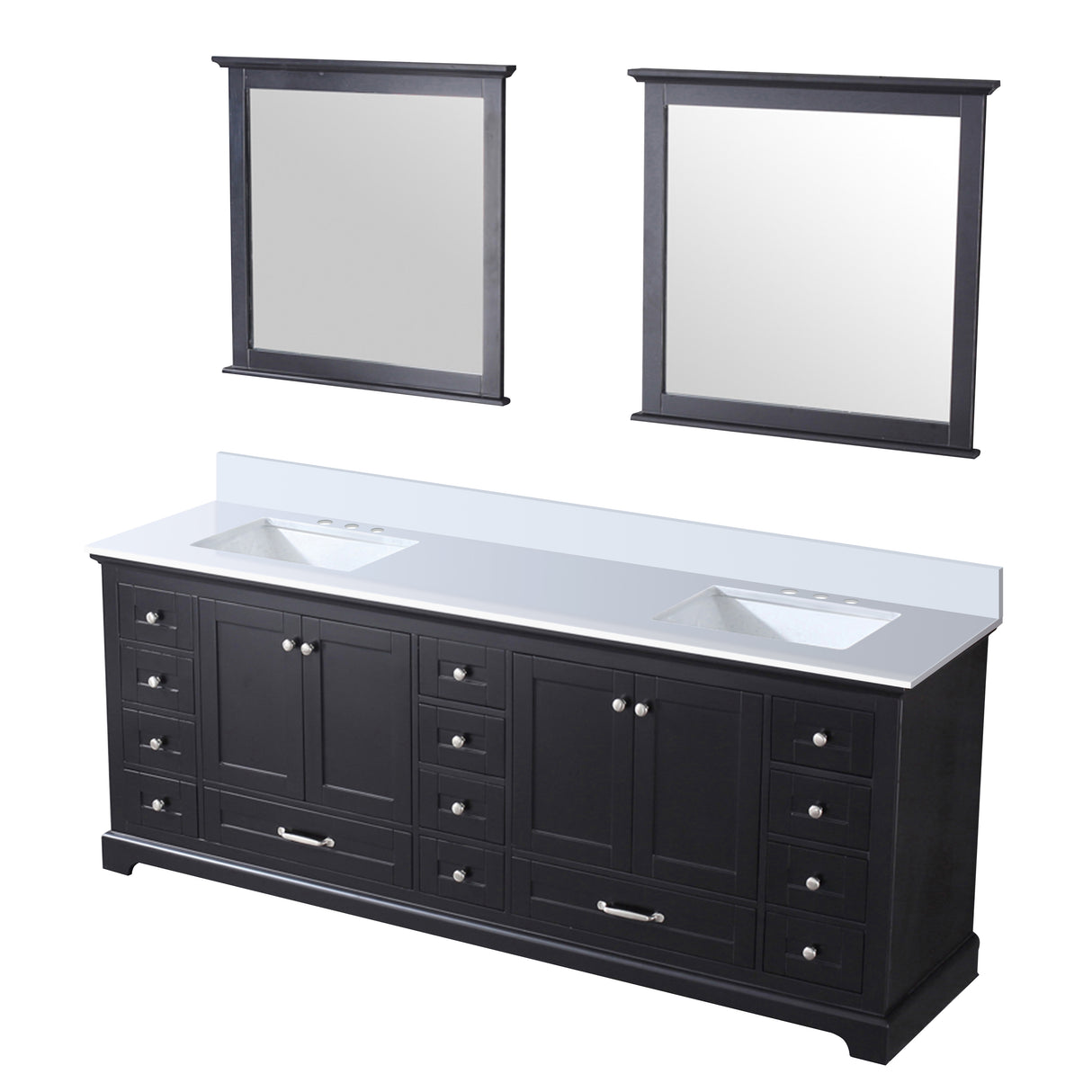 Dukes 84" Espresso Double Vanity, White Quartz Top, White Square Sinks and 34" Mirrors