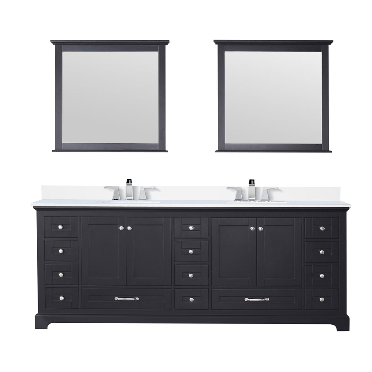 Dukes 84" Espresso Double Vanity, White Quartz Top, White Square Sinks and 34" Mirrors w/ Faucets