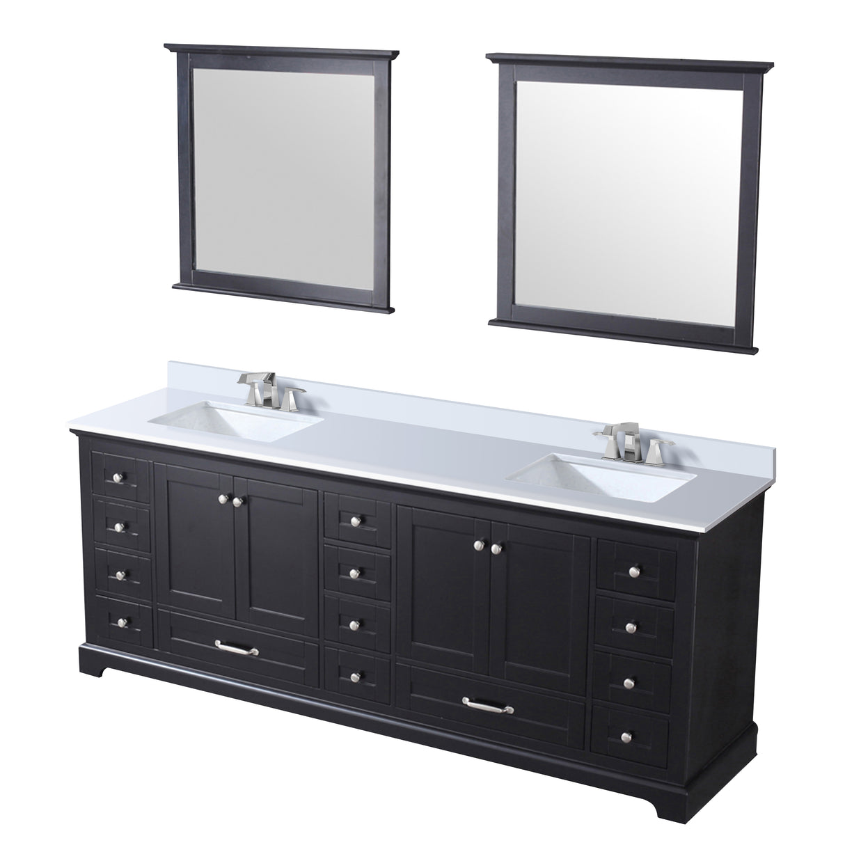 Dukes 84" Espresso Double Vanity, White Quartz Top, White Square Sinks and 34" Mirrors w/ Faucets