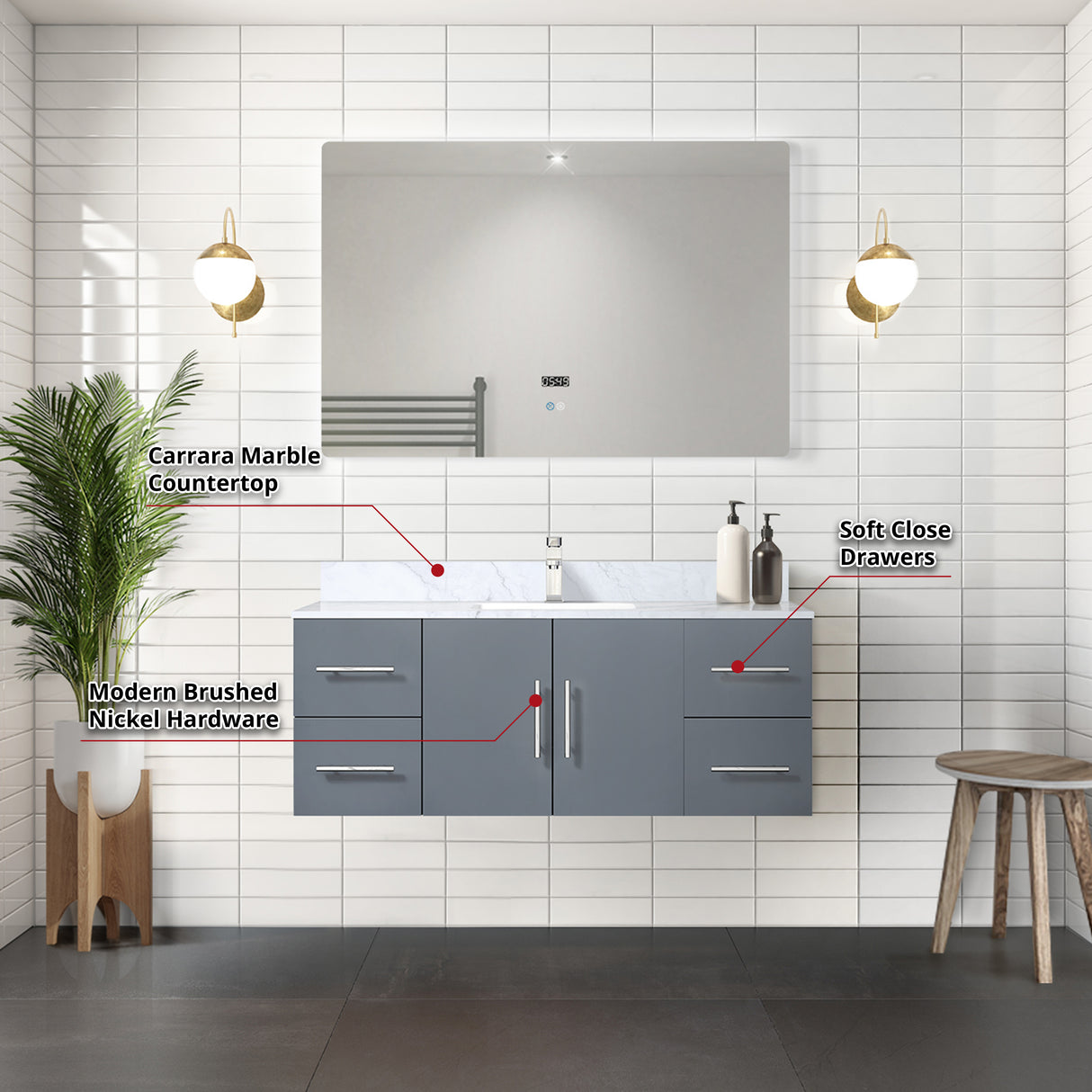 Geneva 48 in. Bathroom Floating Bathroom Vanity With Undermount Ceramic Sink With White Carrara Marble Top