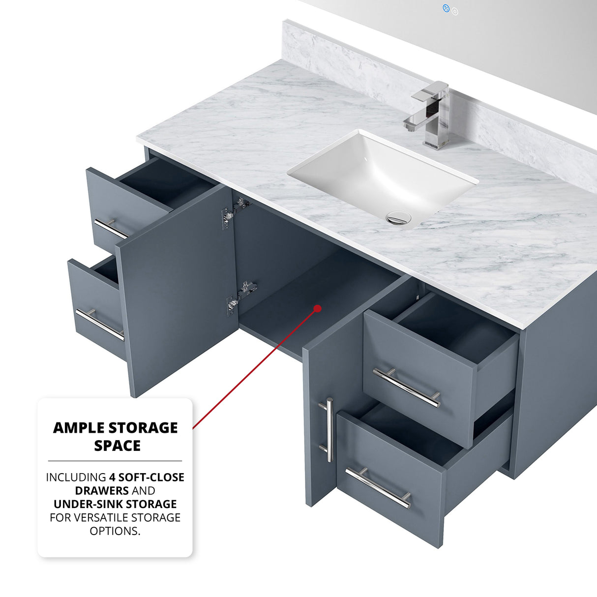 Geneva 48 in. Bathroom Floating Bathroom Vanity With Undermount Ceramic Sink With White Carrara Marble Top