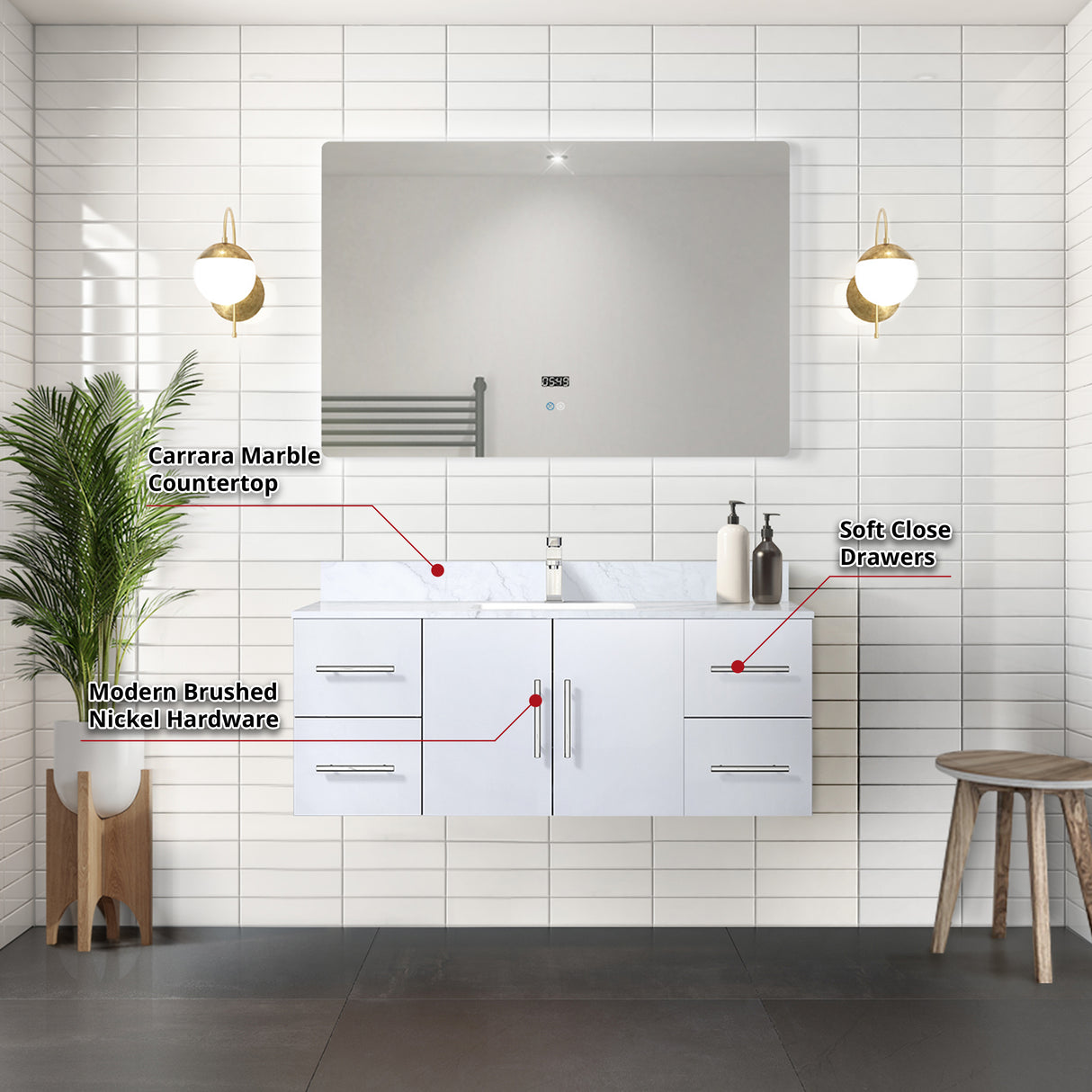 Geneva 48 in. Bathroom Floating Bathroom Vanity With Undermount Ceramic Sink With White Carrara Marble Top