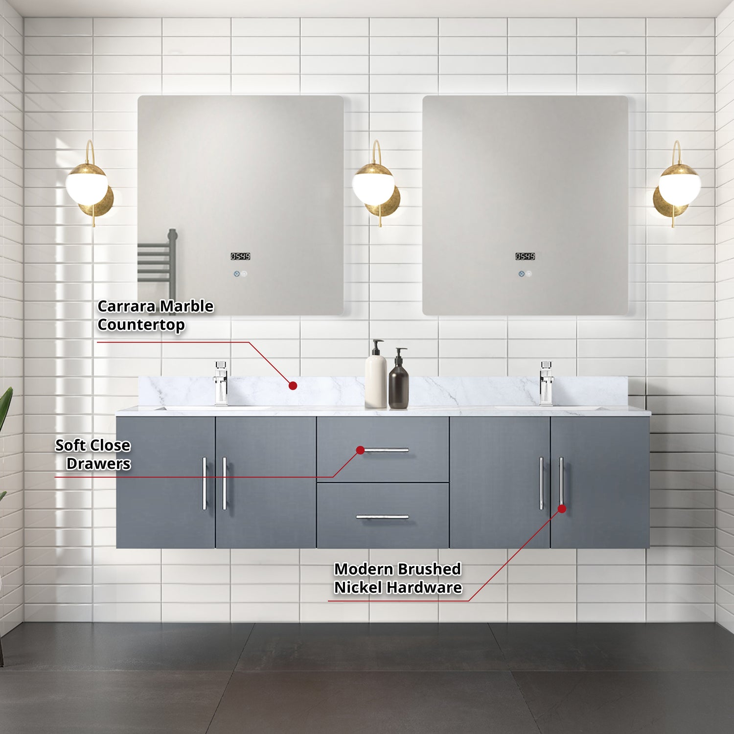 Geneva 72 in. Bathroom Floating Bathroom Vanity With Undermount Ceramic Sink With White Carrara Marble Top