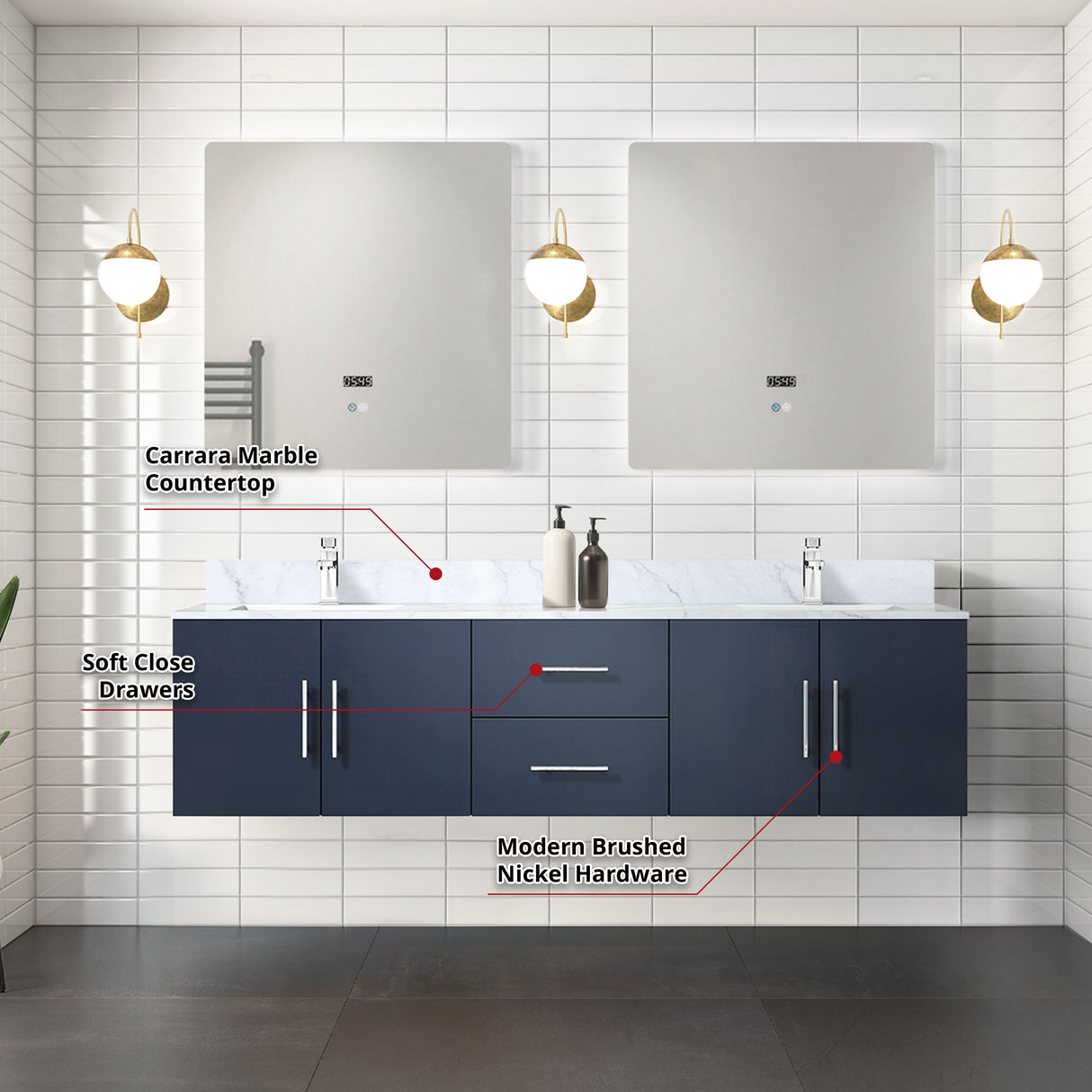 Geneva 72 in. Bathroom Floating Bathroom Vanity With Undermount Ceramic Sink With White Carrara Marble Top