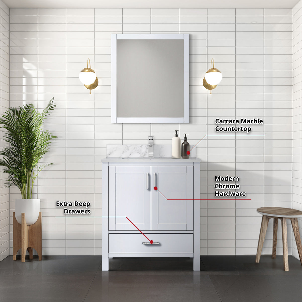 Jacques 30 in. Bathroom Freestanding Bathroom Vanity With Undermount Ceramic Sink, White Carrara Marble