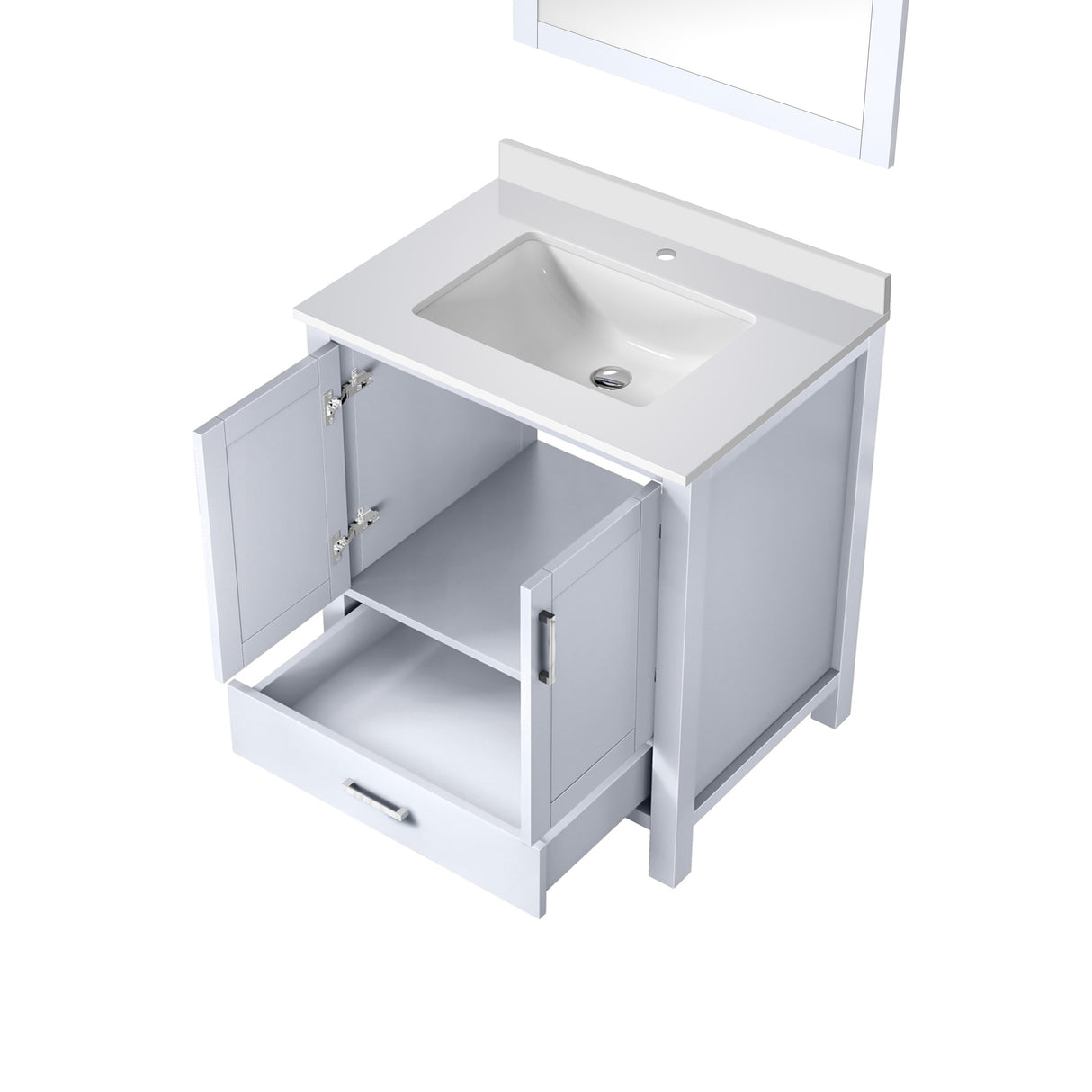 Jacques 30" White Single Vanity, White Quartz Top, White Square Sink and 28" Mirror