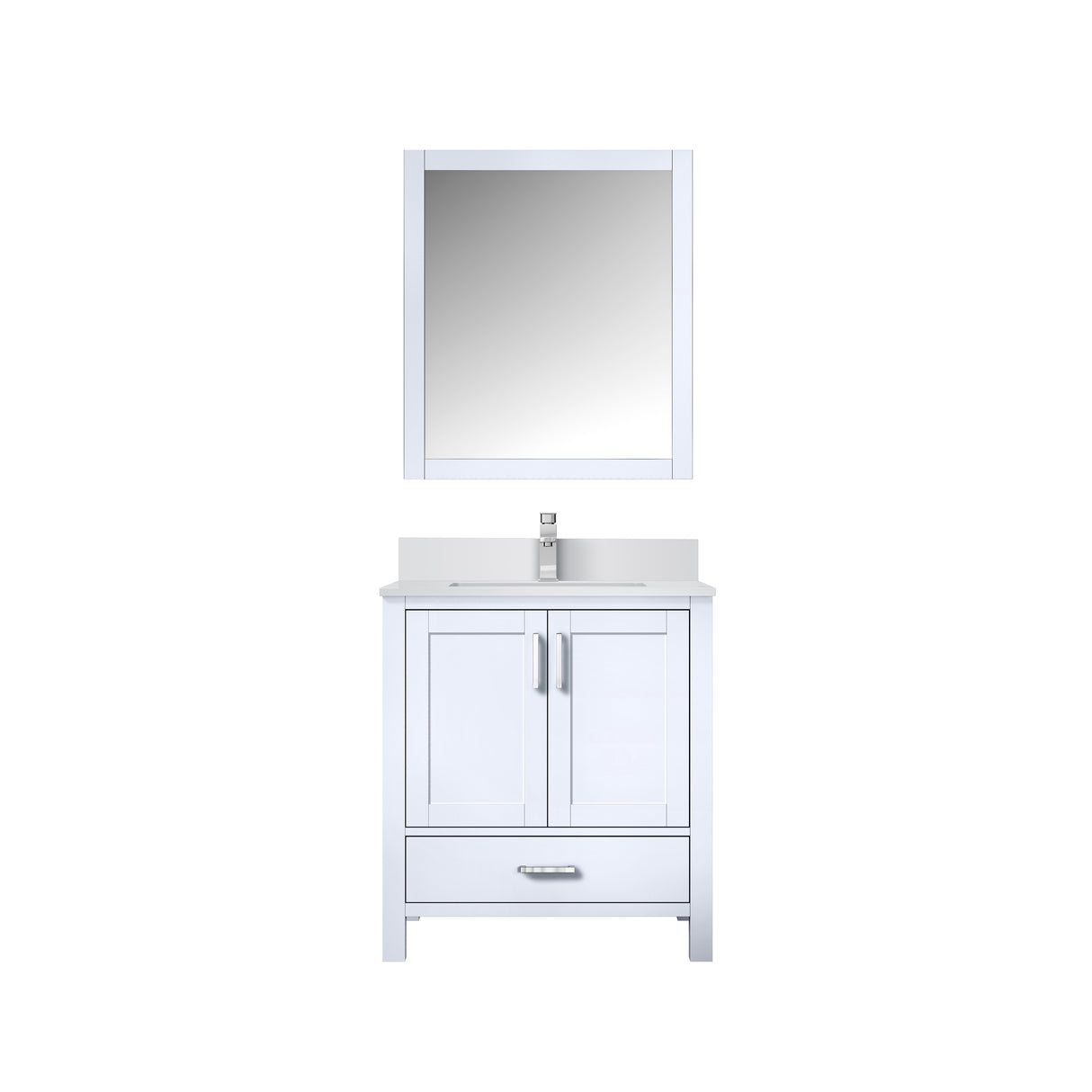 Jacques 30" White Single Vanity, White Quartz Top, White Square Sink and 28" Mirror w/ Faucet