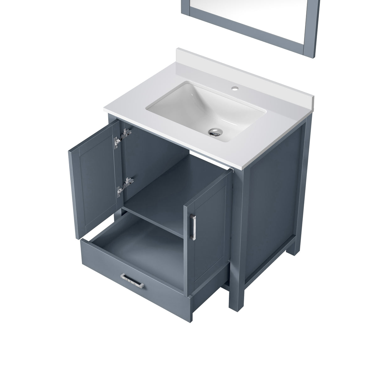 Jacques 30" Dark Grey Single Vanity, White Quartz Top, White Square Sink and 28" Mirror