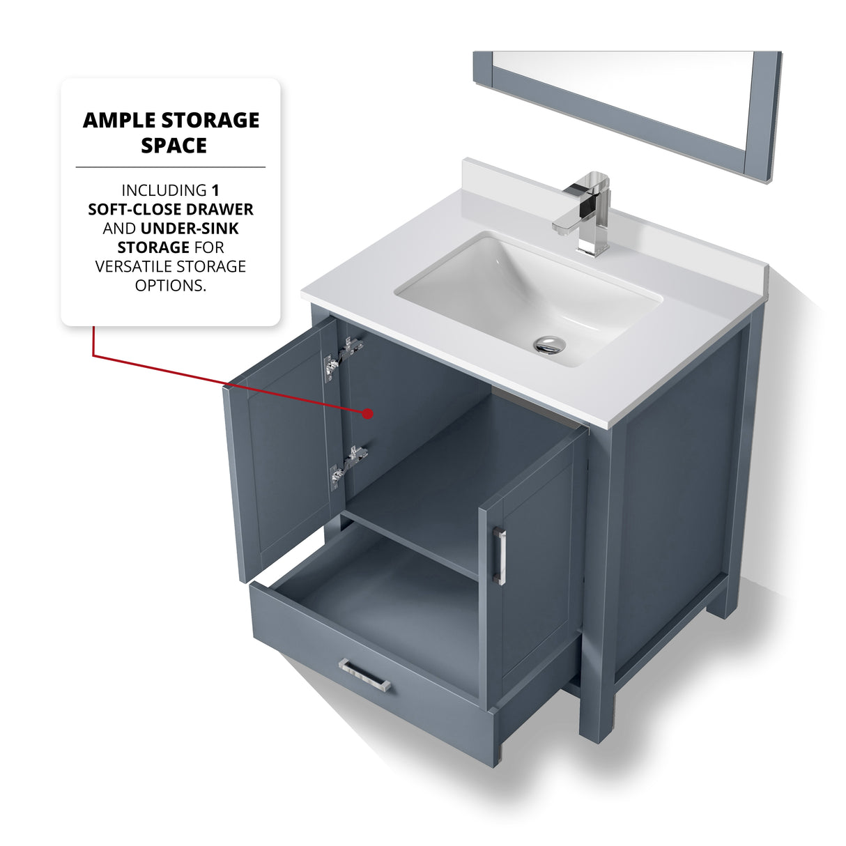 Jacques 30" Dark Grey Single Vanity, White Quartz Top, White Square Sink and 28" Mirror