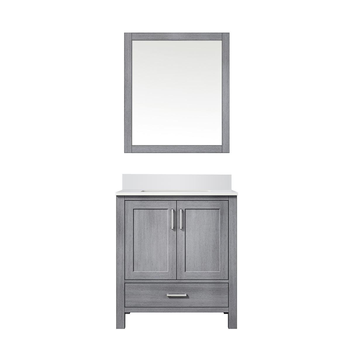 Jacques 30" Distressed Grey Single Vanity, White Quartz Top, White Square Sink and 28" Mirror