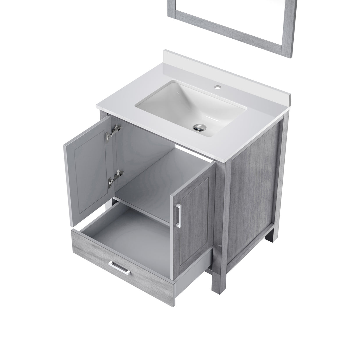Jacques 30" Distressed Grey Single Vanity, White Quartz Top, White Square Sink and 28" Mirror