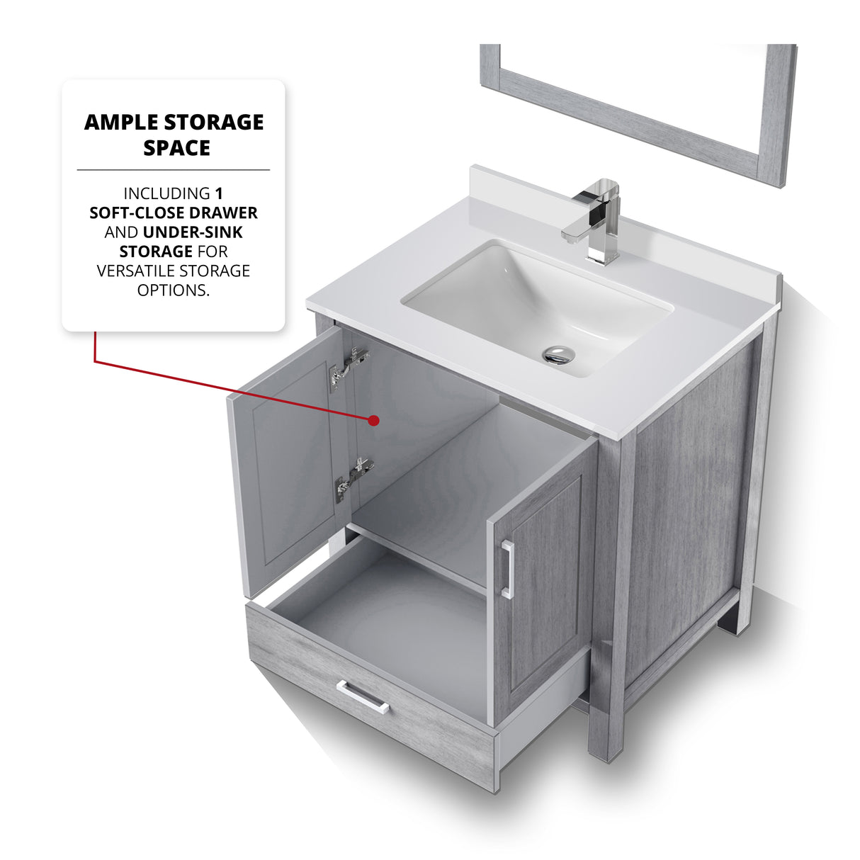 Jacques 30" Distressed Grey Single Vanity, White Quartz Top, White Square Sink and 28" Mirror w/ Faucet