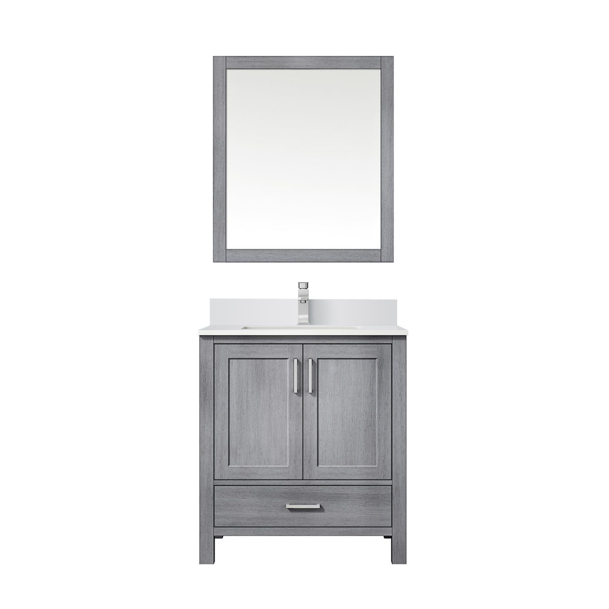 Jacques 30" Distressed Grey Single Vanity, White Quartz Top, White Square Sink and 28" Mirror w/ Faucet