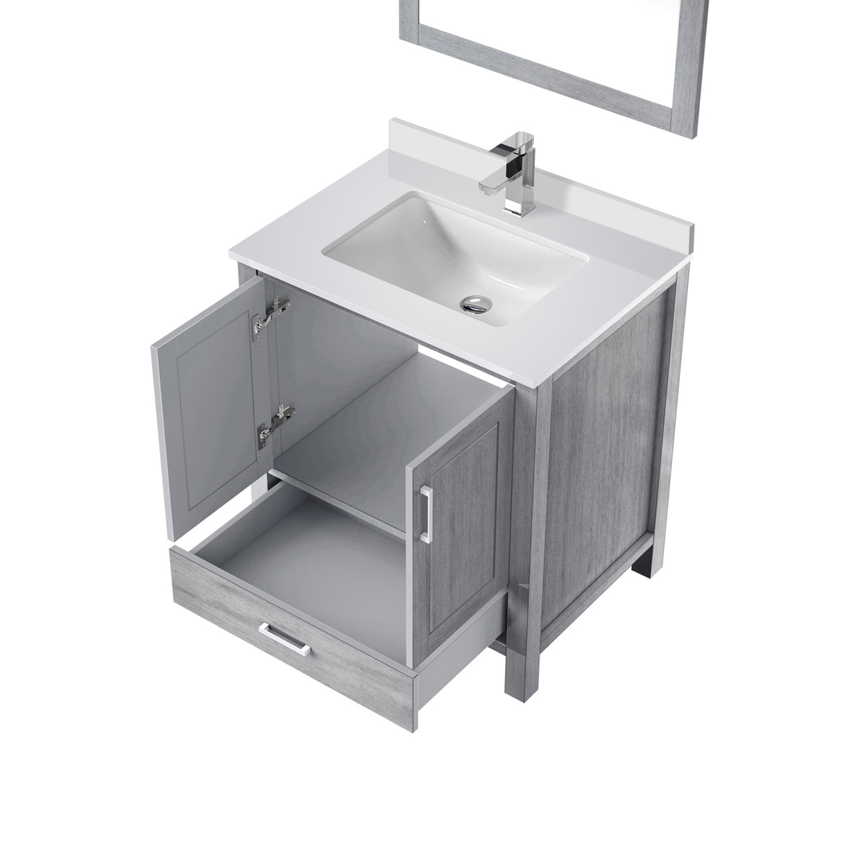 Jacques 30" Distressed Grey Single Vanity, White Quartz Top, White Square Sink and 28" Mirror w/ Faucet