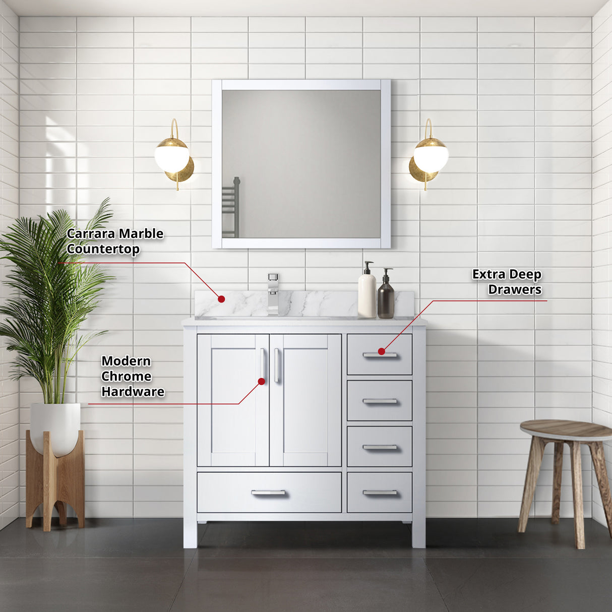 Jacques Navy 30 in. Left Freestanding Bathroom Vanity with White Carrara Marble Top, White Square Sink