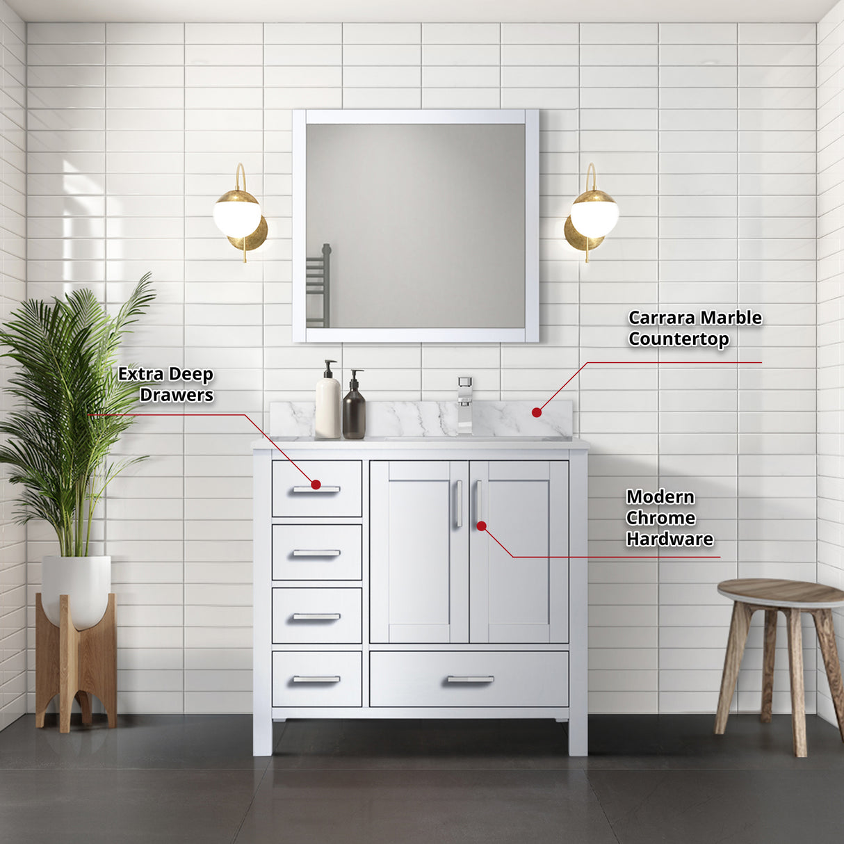 Jacques 30 in. Right Freestanding Bathroom Vanity with White Carrara Marble Top, White Square Sink