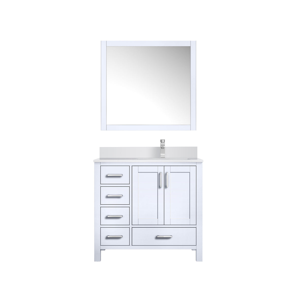 Jacques 36" White Single Vanity, White Quartz Top, White Square Sink and 34" Mirror w/ Faucet - Right Version