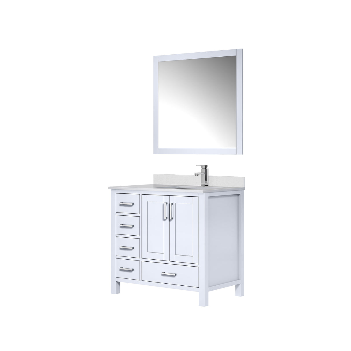 Jacques 36" White Single Vanity, White Quartz Top, White Square Sink and 34" Mirror w/ Faucet - Right Version