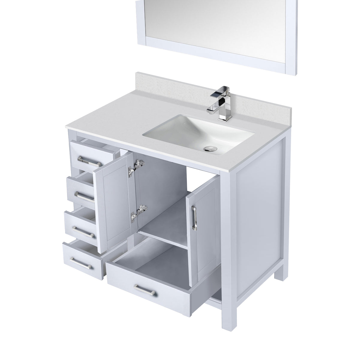 Jacques 36" White Single Vanity, White Quartz Top, White Square Sink and 34" Mirror w/ Faucet - Right Version