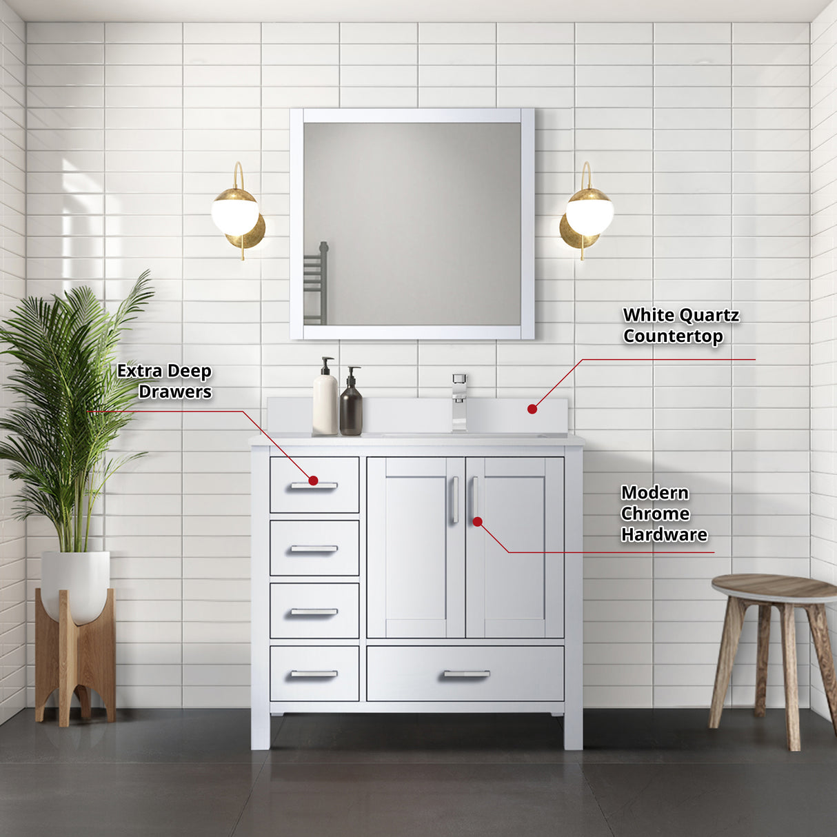 Jacques 36" White Single Vanity, White Quartz Top, White Square Sink and 34" Mirror w/ Faucet - Right Version