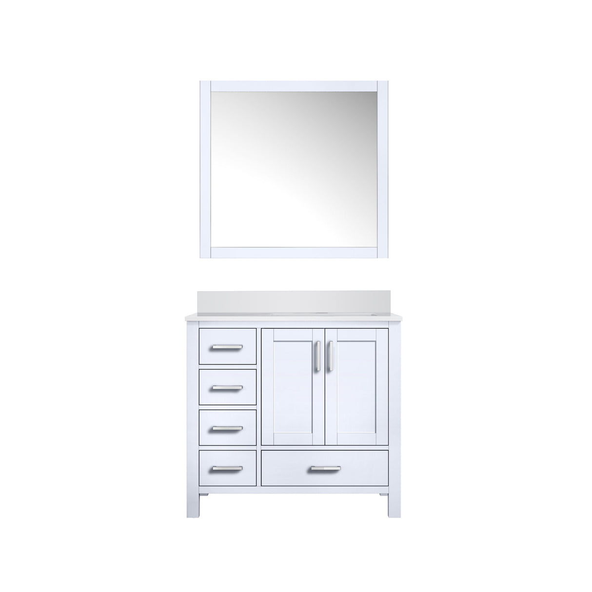Jacques 36" White Single Vanity, White Quartz Top, White Square Sink and 34" Mirror - Right Version