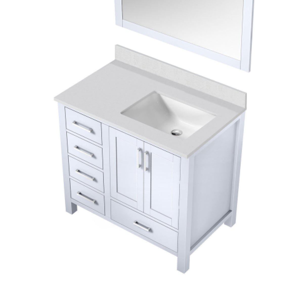 Jacques 36" White Single Vanity, White Quartz Top, White Square Sink and 34" Mirror - Right Version
