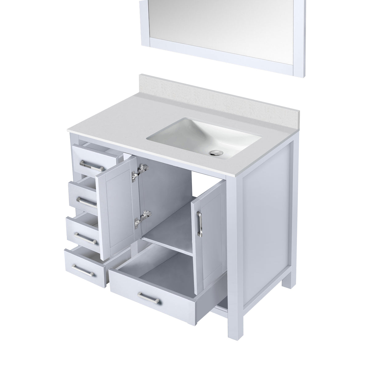 Jacques 36" White Single Vanity, White Quartz Top, White Square Sink and 34" Mirror - Right Version