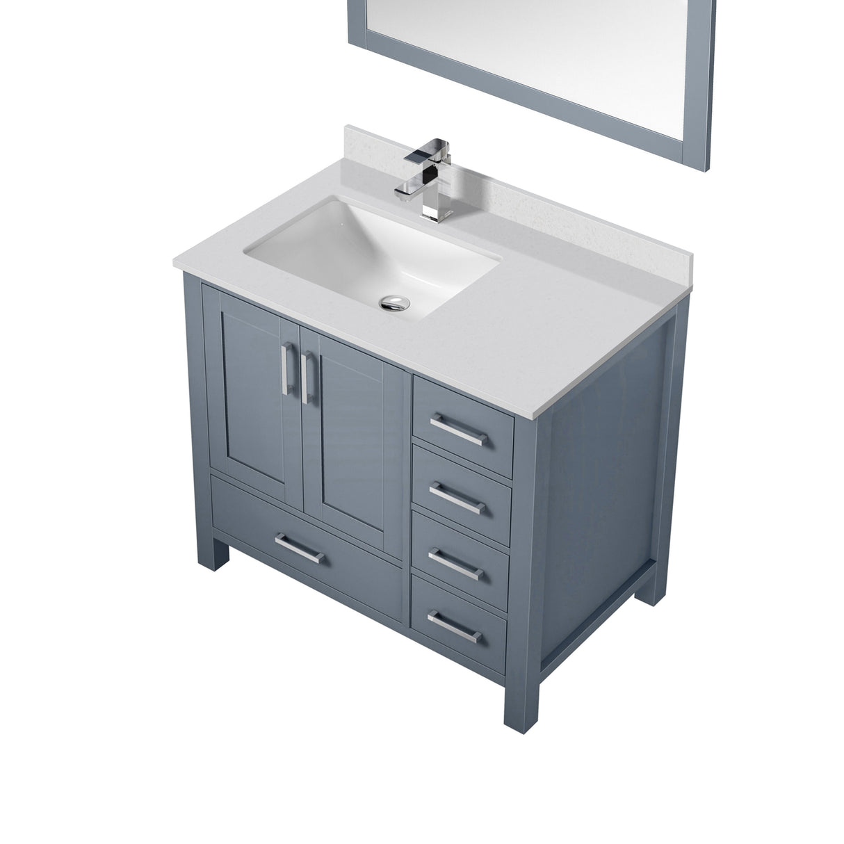 Jacques 36" Dark Grey Single Vanity, White Quartz Top, White Square Sink and 34" Mirror w/ Faucet - Left Version