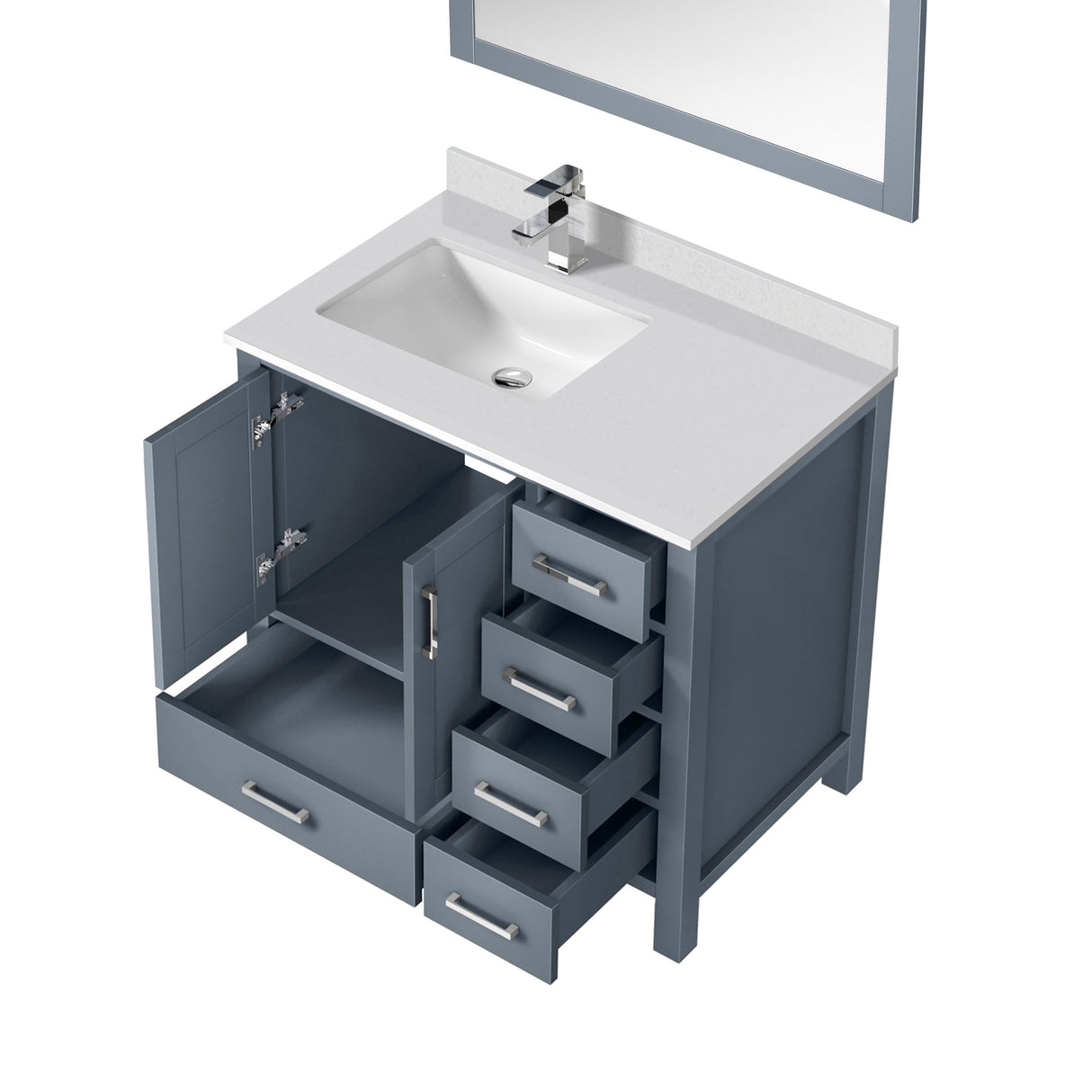 Jacques 36" Dark Grey Single Vanity, White Quartz Top, White Square Sink and 34" Mirror w/ Faucet - Left Version