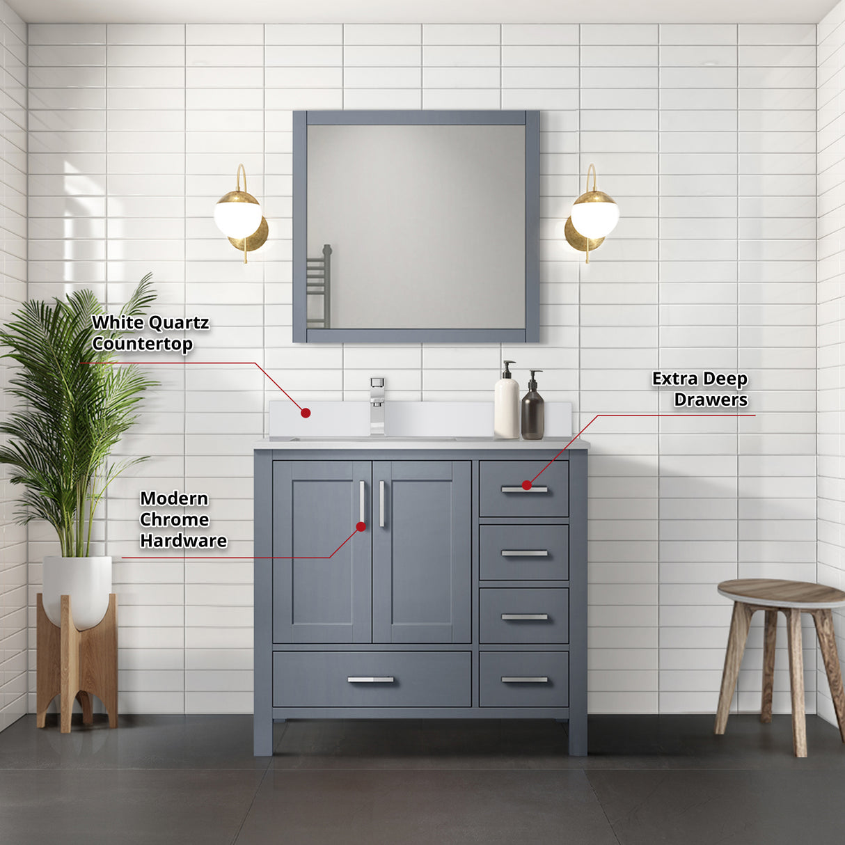 Jacques 36" Dark Grey Single Vanity, White Quartz Top, White Square Sink and 34" Mirror w/ Faucet - Left Version