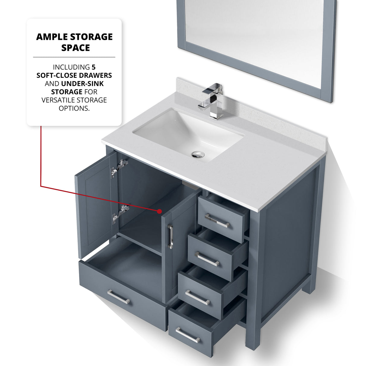 Jacques 36" Dark Grey Single Vanity, White Quartz Top, White Square Sink and 34" Mirror - Left Version