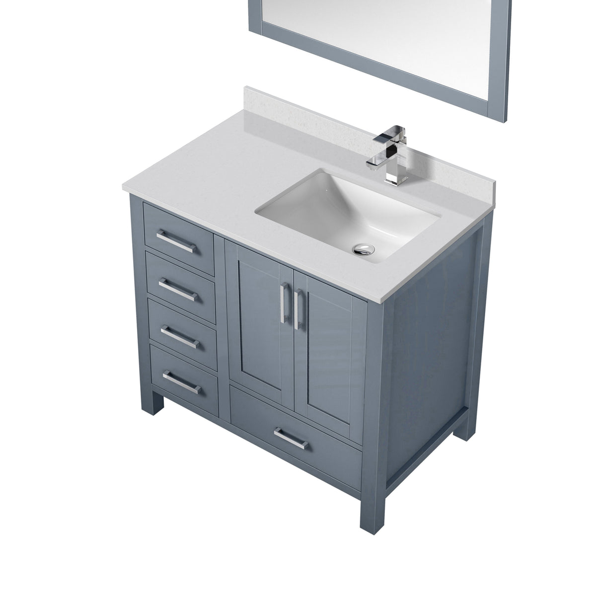 Jacques 36" Dark Grey Single Vanity, White Quartz Top, White Square Sink and 34" Mirror w/ Faucet - Right Version