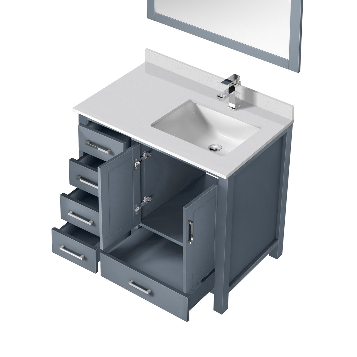 Jacques 36" Dark Grey Single Vanity, White Quartz Top, White Square Sink and 34" Mirror w/ Faucet - Right Version